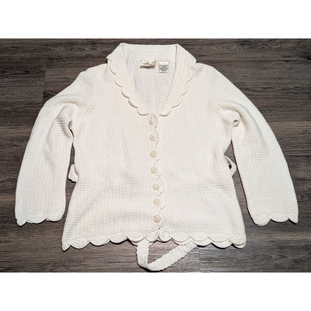 Milly of New York Cream Cotton Knit Scalloped Cardigan Wrap Sweater Large